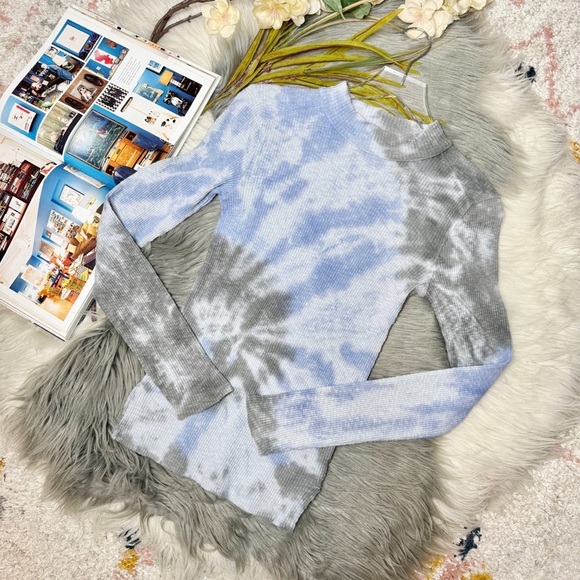 Free People Blue Gray Ribbed Tie Dye Thermal Long Sleeve Women’s Tee Sz S - Picture 11 of 11